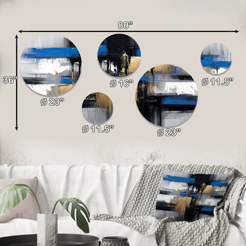 Peinture dorée et bleue Elegance I - Collages abstraits, ensemble d'art mural rond de 5