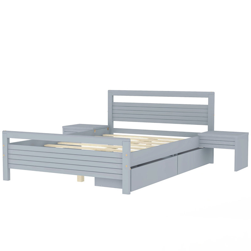 Structure de lit moderne avec base de lit en bois avec tiroirs de rangement et tables de chevet, Lit double