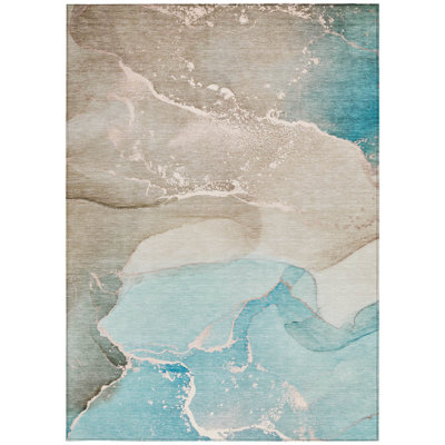 9' X 12' Teal Abstract Washable Non Skid Indoor Outdoor Area Rug