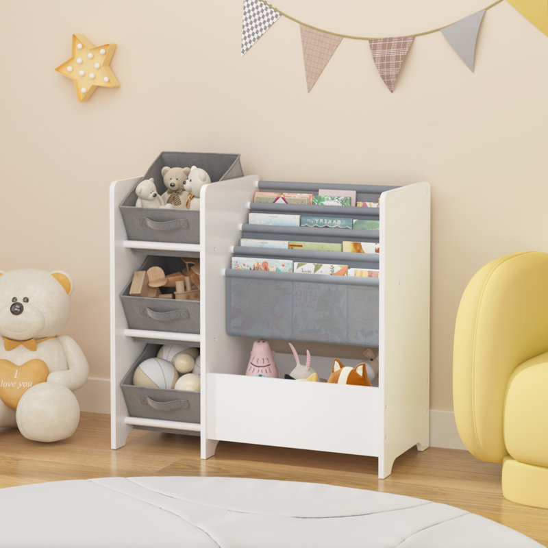 Bibliothèque et organisateur de rangement pour jouets, bibliothèque multifonctionnelle à 4 niveaux avec 3 tiroirs pliables en tissu