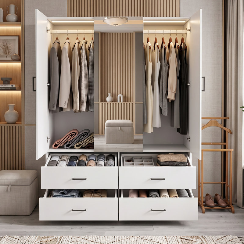 130/160cm W Modern Wardrobe with Drawers & LED Lights, Freestanding Clothes Armoire with Mirror, White & Fluted Glass