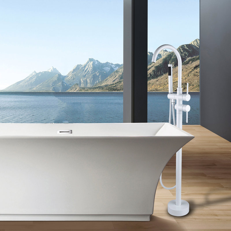 White Metal Freestanding Bathtub Faucet & Hand Shower. 46In D, 6.5In W. Construction, . Full Spray For Enjoyable Bathroom. Decorate Bathroom 46" Deep, 6.5" Wide. , Optimal Shower Experience. Add