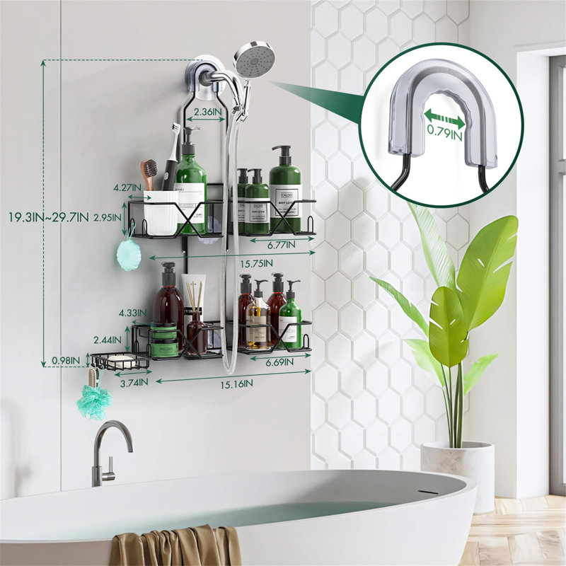 Adjustable Black Stainless Steel Hanging Shower Caddy with Suction Mount