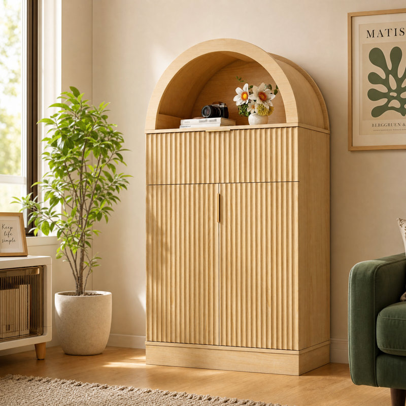 Armoire d'appoint en bois cannelé l 24 po, armoire de rangement arquée Boho avec portes, tiroirs et tablettes réglables, petite cabine autoportante