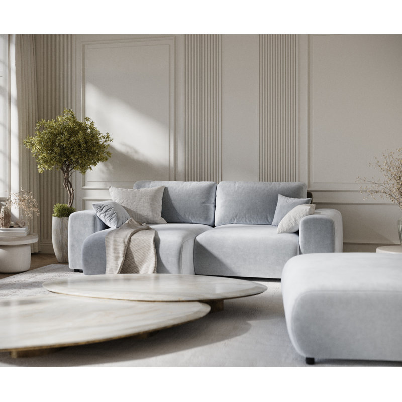 Corner Sofa with square arms, Light Grey Velvet