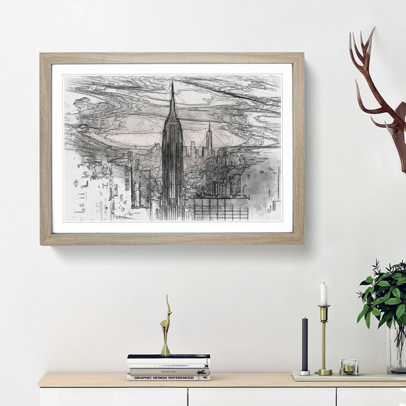 New York Skyline in Abstract - Picture Frame Graphic Art Print, 62cm H x 87cm W x 2cm D, Oak Framed