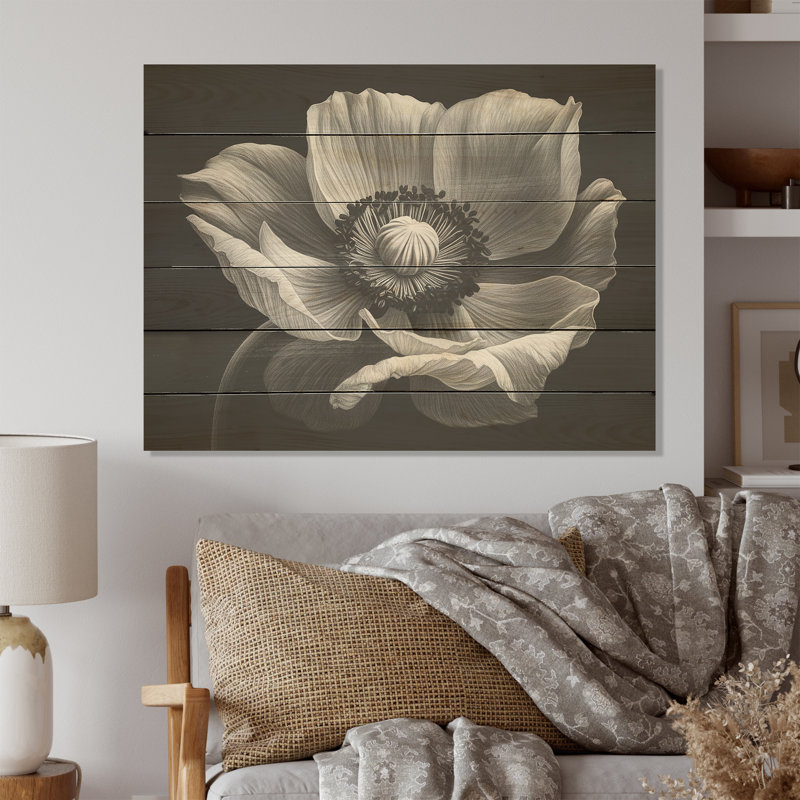 Brume noire et blanche - coquelicots, art mural sur bois de pin naturel, H 10 po x l 20 po