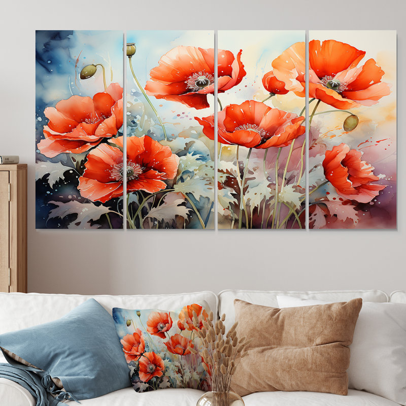 «Red and Green Poppy Reverie II», ensemble d'art mural 4 pièces coquelicots, H 28 po x l 48 po