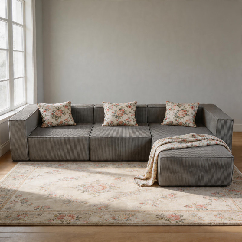 108" Luxury Corduroy Large Compression Module Couch Sofa With Ottoman For Living Room, Gray