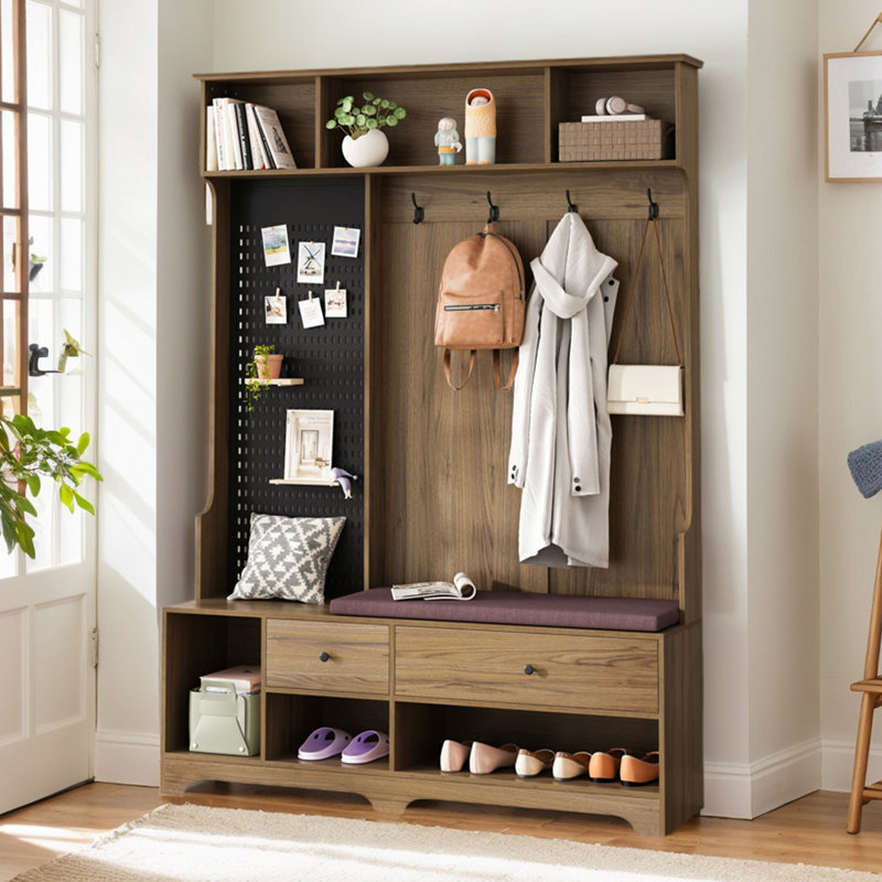 Multifunctional Hall Tree With Removable Linen Cushioned Storage Bench,DIY Pegboard And 4 Hooks, Brown