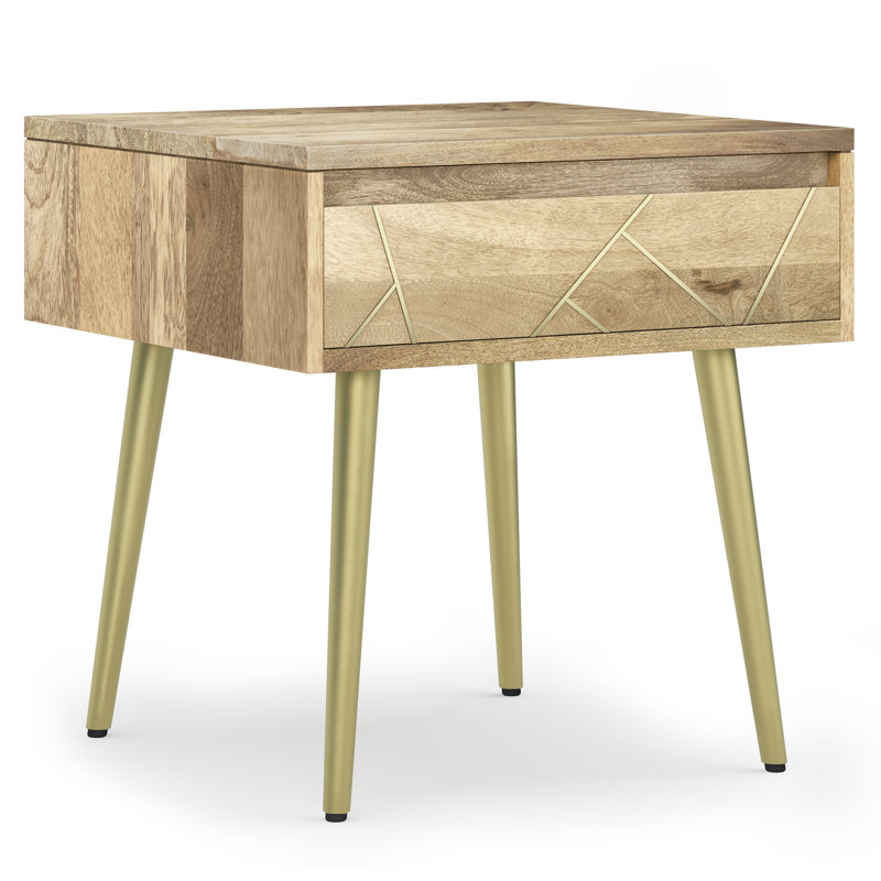 Jager 22"W Solid Mango Wood Mid-Century Modern Side Table with Brass Inlay