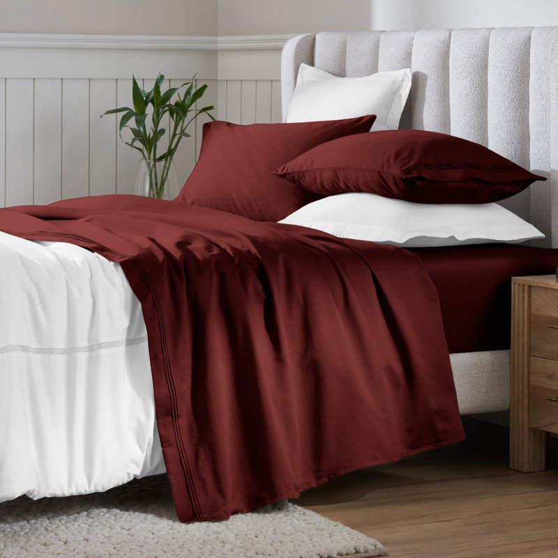 Ensemble de draps en coton égyptien de couleur unie à densité de tissage de 650 fils avec poches profondes, Bourgogne, Simple