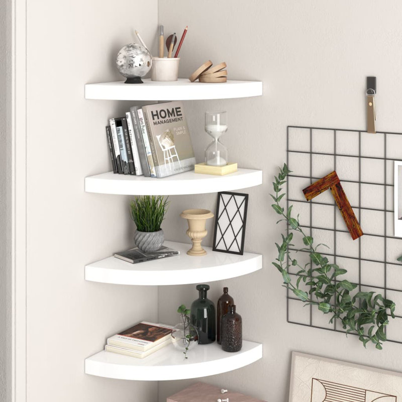 Wall Corner Shelf Floating Corner Shelf Wall Mounted Display Shelf, High Gloss White, 1.5" H x 13.8" W x 13.8" D