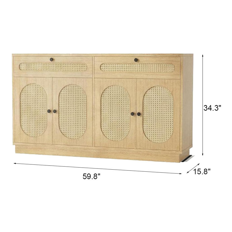 60" Rattan Buffet Sideboard with 4 Doors & 2 Drawers – Farmhouse Storage Cabinet with Adjustable Shelves, Yellow