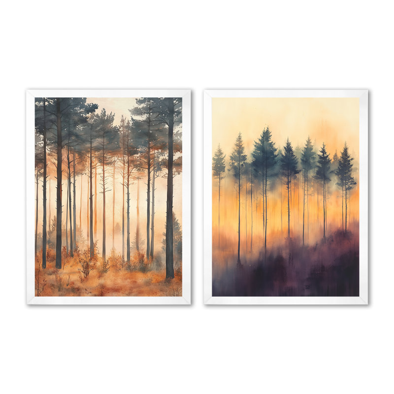 «Forest Sunset», art mural Woodland, H 32 po x l 48 po, Cadre simple blanc