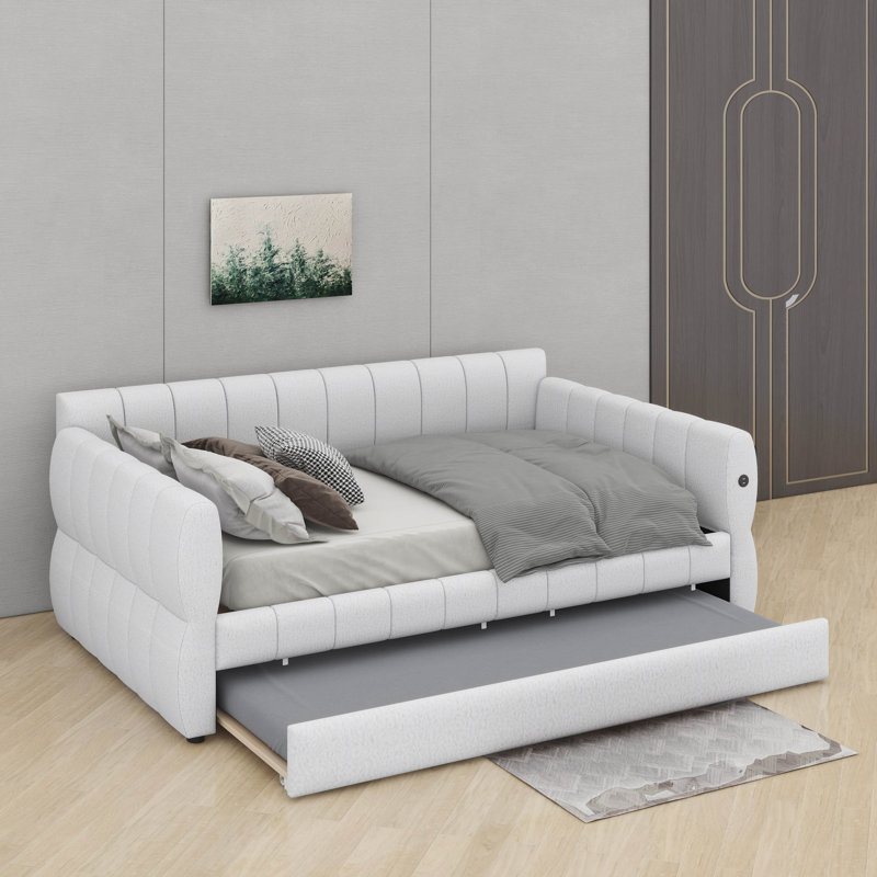 Queen Size Upholstered Platform Bed Frame With USB Ports & Trundle, Modern Sherpa Fabric Daybed Frame With Armrests, White