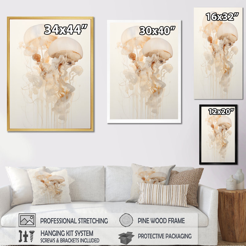 Minimalisme blanc méduse Dreams I sur impression sur toile, Cadre naturel flottant, H 32 po x l 16 po x P 1 po
