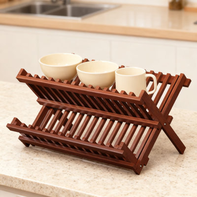 Égouttoir à vaisselle pliable en teck, égouttoir de cuisine pliable à 2 niveaux avec trous de ventilation, comptoir et armoire de rangement, aucun assemblage requis