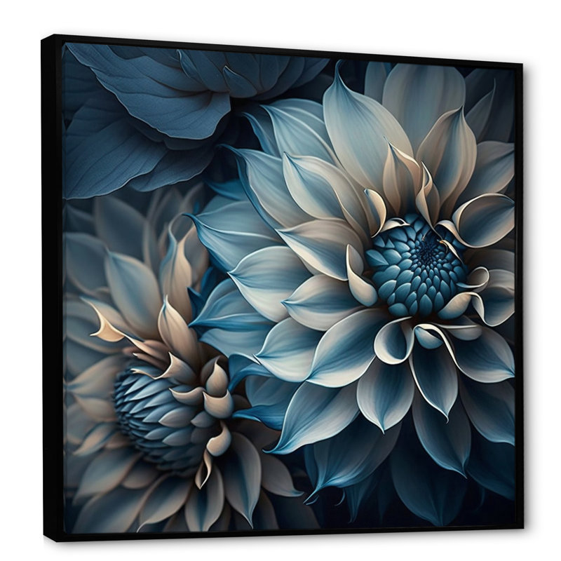 Dahlia fleurs bleu et blanc II - art mural Dahlia pour le salon, H 24 po x l 24 po, Cadre flottant noir