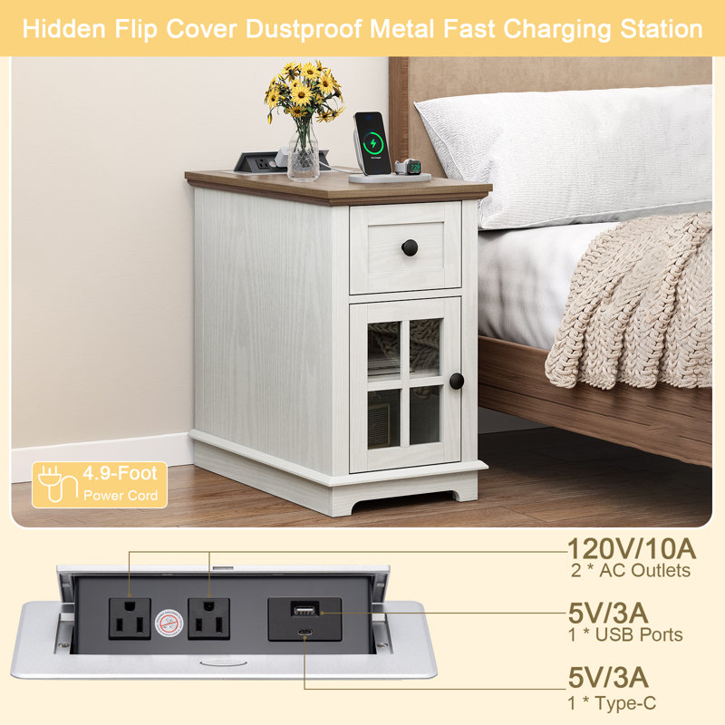 Antrea Tray Top End Table Set with Storage and Built-In Outlets, Dark Walnut Top/White Base