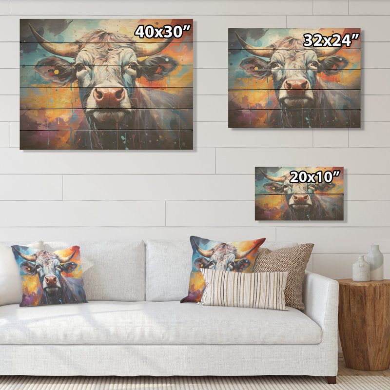 Celestial Colourful Cattle - Cow Wood Wall Art On Natural Pine Wood, H 24 po x l 32 po