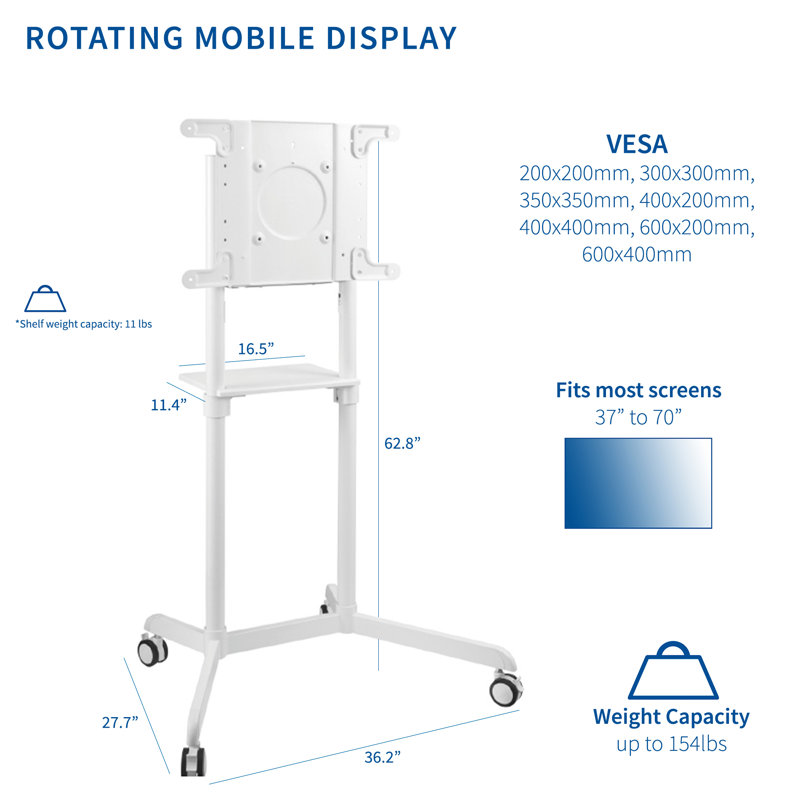 Elegant White Mobile TV Cart, 32"-88" Screens with Rotating Mount