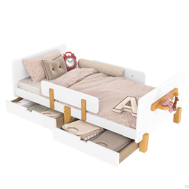 Lit plateforme simple avec tiroirs de rangement, structure de lit en bois massif avec garde-corps, Blanc clair, Lit simple