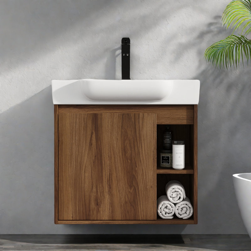 Meuble-lavabo mural avec lavabo en céramique blanche