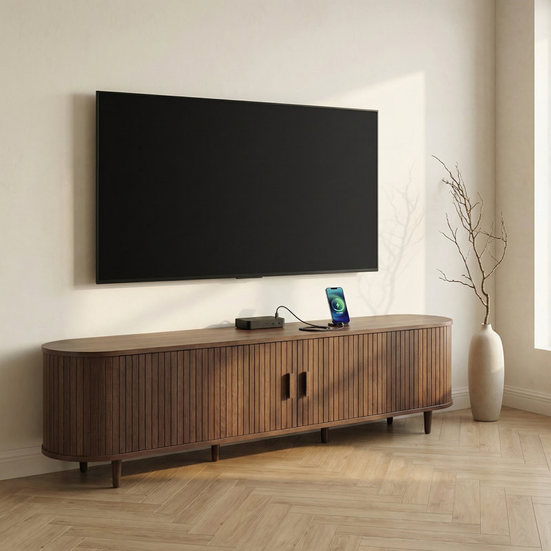 70" Mid-Century Modern TV Stand with Sliding Tambour Doors & Built-in Outlets, Japandi Walnut Media Console for TVs up to 75"