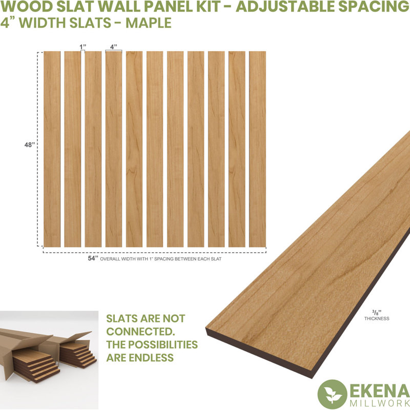 Adjustable Wood Slat Wall Panel Kit, 4"W x 47"H x 0.375"T, Maple
