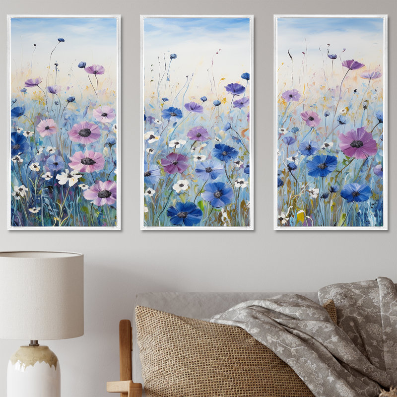 Divine cornflowers Blooming Field III - ensemble d'art mural sur toile Flower Field, Cadre flottant blanc