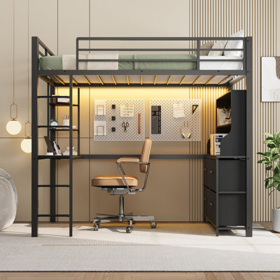 Twin Size Metal Loft Bed with Desk