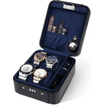 Watch Travel Case with Combination Lock 4 Watch Storage and Jewelry Watch Travel Case PU Leather Travel Watch Case With Gift Box
