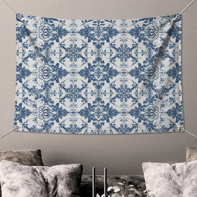 Intricate Blue Damask Wall Tapestry - Damask Wall Decor