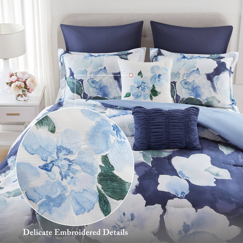 Shanti Blue 100% Cotton Floral 7-Piece Queen Comforter Set, Blue, Queen