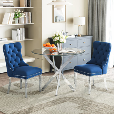 36" Round Glass Dining Set, Modern Velvet Upholstered Chairs With Cross Stainless Steel Base
