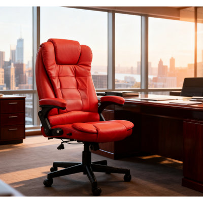 Chaise de bureau inclinable chauffante avec 6 points de vibration, extensible à 120 degrés, siège réglable, rembourré et poche latérale, rouge