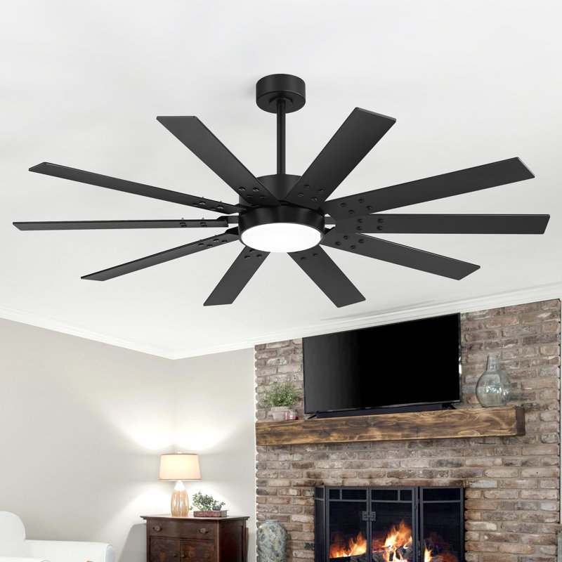 Markku 60'' 10-Blade Ceiling Fan with Light and Remote,DC Motor, 6''/12'' Downrods,3 LED Colors, Matte Black, Black