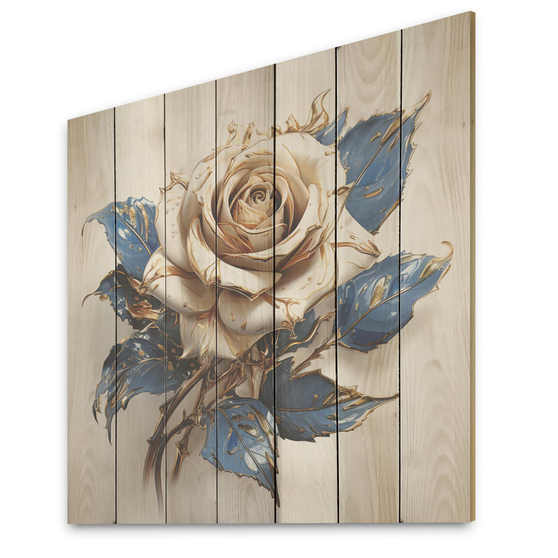 Verre rose bleu doré - rose sur bois, H 15 po x l 15 po