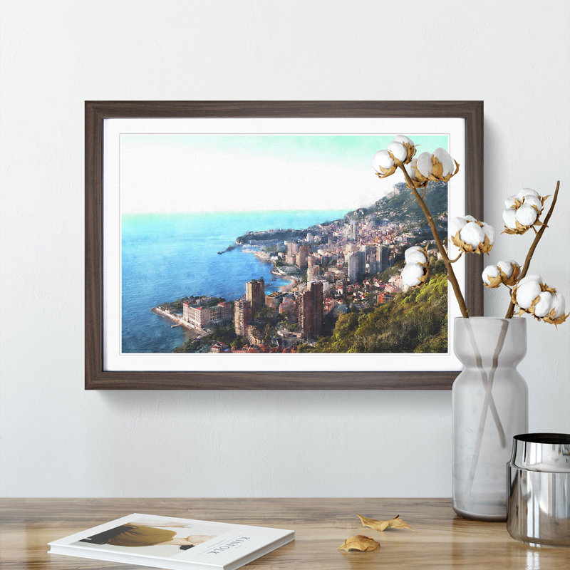 Skyline Of Monte Carlo In Monaco - Single Picture Frame Painting on MDF, 33cm H x 45cm W x 2cm D, Walnut Framed