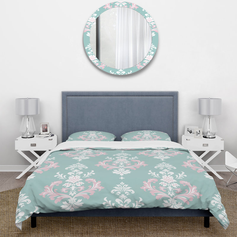 Ensemble de housse de couette rétro motif damassé vert et rose I, Housse de couette très grand et 2 très grandes t