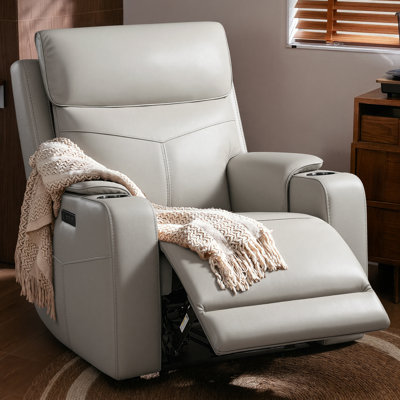Genuine Leather Zero-Wall Power Recliner with Adjustable Headrest, USB & Type-C Charging Ports