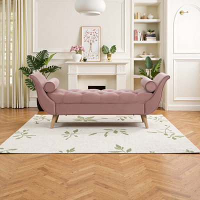 Élégant banc en velours rose avec coussins - Repose-pieds capitonné pour chambre, salon ou vestibule