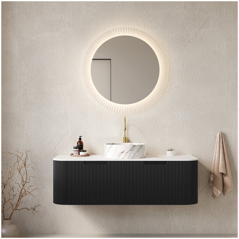 Meuble-lavabo de salle de bain 48 po Dina, armoire de rangement à bords arrondis et rayés avec 2 tiroirs, lavabo rond en céramique blanc mat et plateau en pierre frittée blanc de Carrare, pré-assemblé, couleur noire