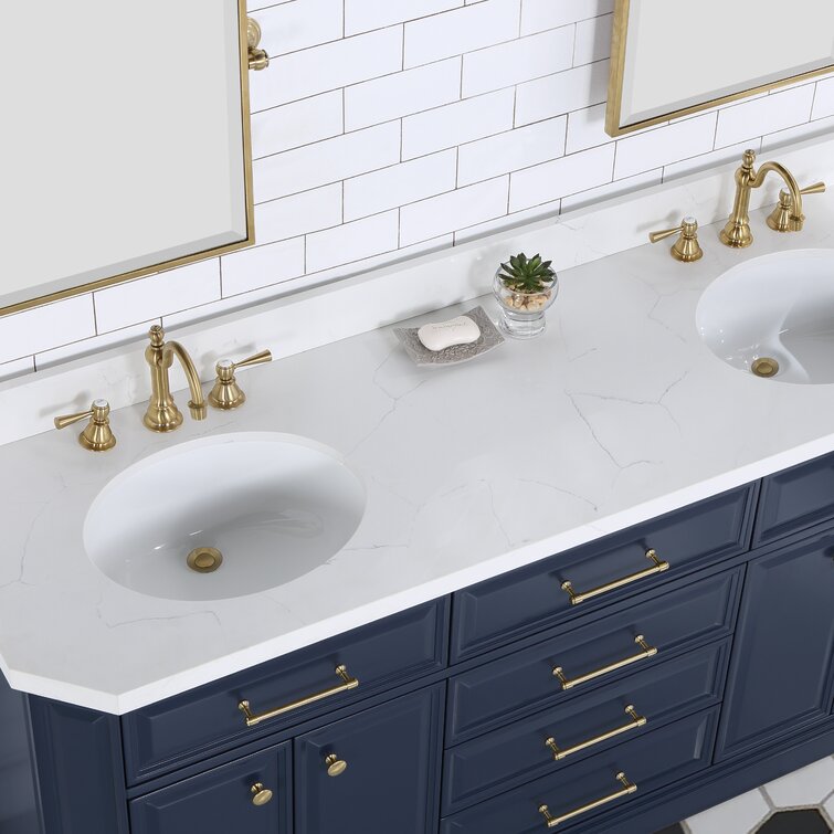 Water Creation Palace 60 Quartz Carrara Bathroom Vanity Set With Hardware  And Faucets in Satin Gold Finish And Mirrors in Chrome Finish