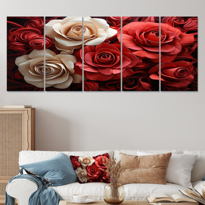 «Red and White Classic Rose Reson - Roses», art mural 5 pièces pour le salon