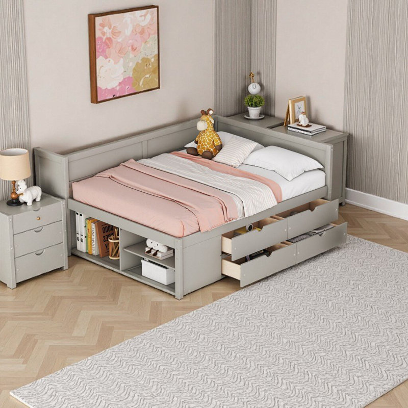 Lit de jour pleine grandeur avec 3 tablettes et tiroirs coulissants, structure en bois massif gris moderne, Gris