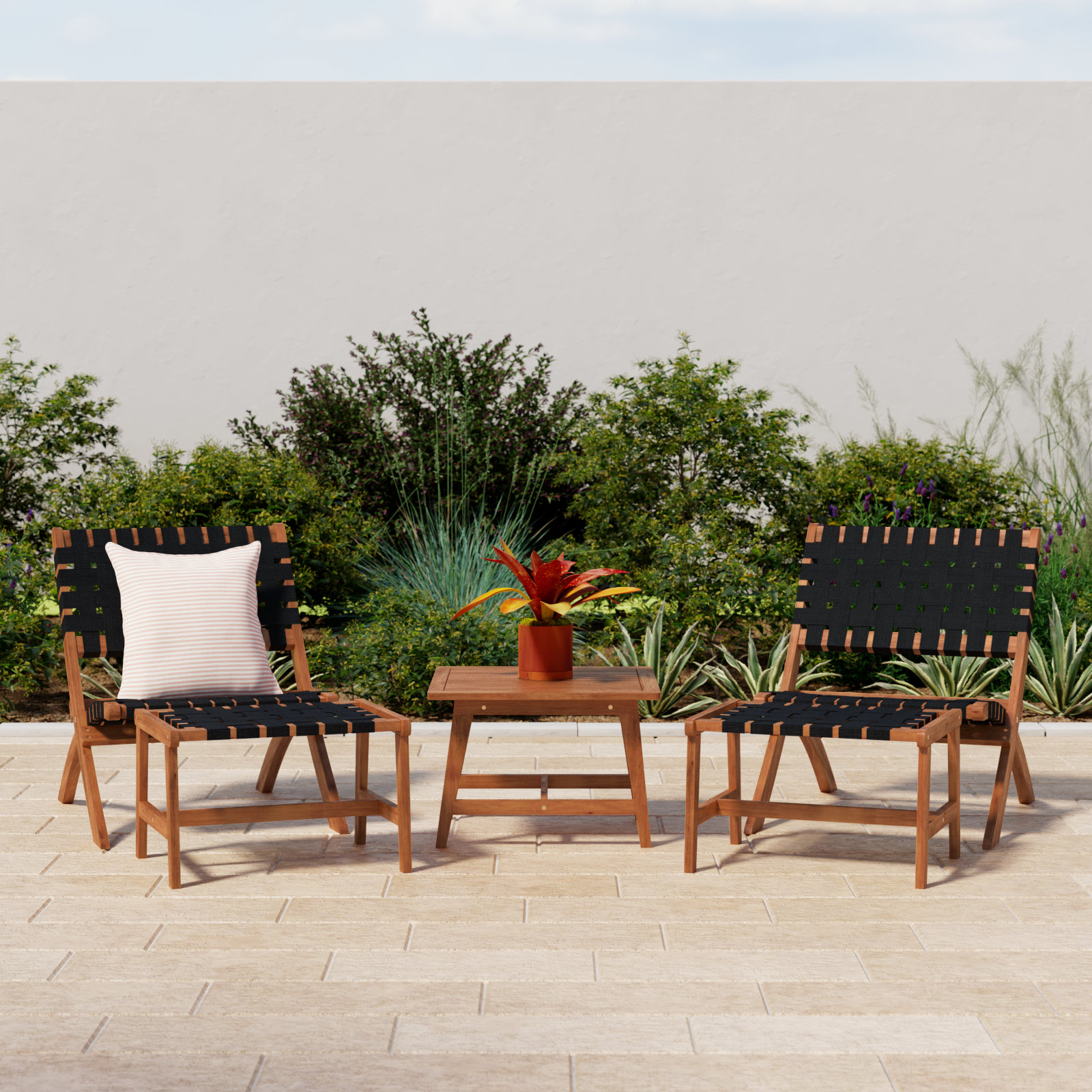 2-Person Acacia Patio Seating Group, Natural/Black