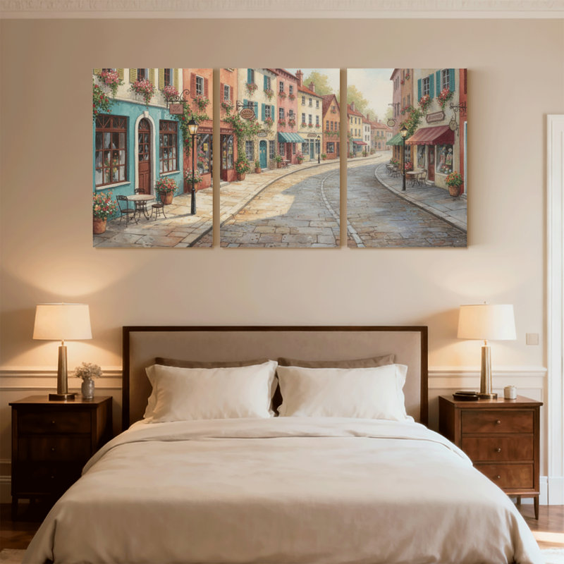 Scène de ville européenne charmante avec 3 édifices d'art sur toile, H 30 po x l 60 po