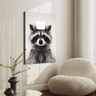 Funny Raccoon With Toilet Paper Roll On Head Black And White Portrait, Large Gallery Wrapped Canvas Wall Art Print For Living Room Bedroom